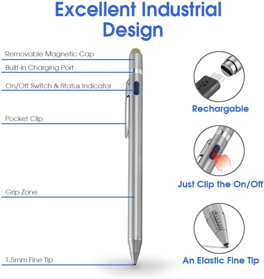 2-in-1 Active Stylus Digital Pen with 1.5mm Ultra Fine Tip for iPad iPhone Samsung Tablets, Work on Touchscreen Phones and Tablets,Good at Drawing and Writing, Grey