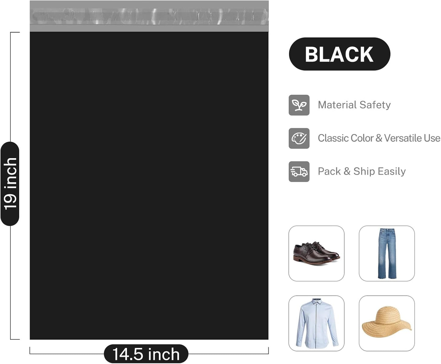 Metronic 1000PC Poly Mailers 14.5x19, Sturdy Shipping Bags for Small Business, Waterproof Mailers Poly Bags, Strong Adhesive Shipping Envelopes for Clothing, Efficient Mailing Envelopes in Black