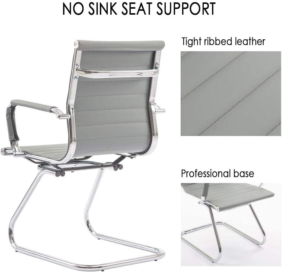 Office Desk Chair Set of 6,No Wheels PU Leather Computer Chairs Mid Back Guest Chairs with Seld Base for School/Reception/Conference/Waiting Room,Grey