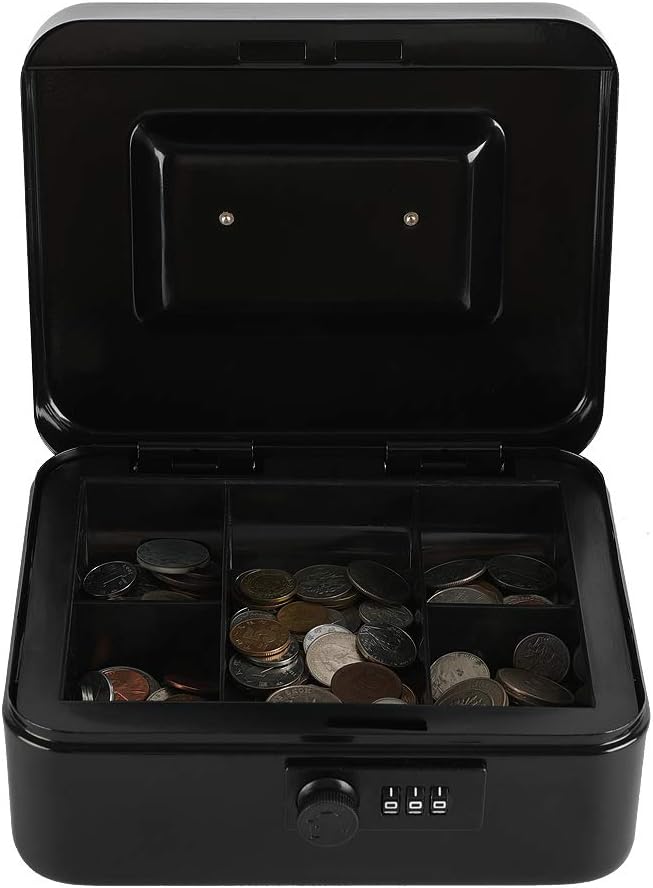 xydled Steel Cash Box Safe with Combination Lock,Money Safe Box with Removable Coin Tray,Medium,7.87"x 6.30"x 3.54",Black