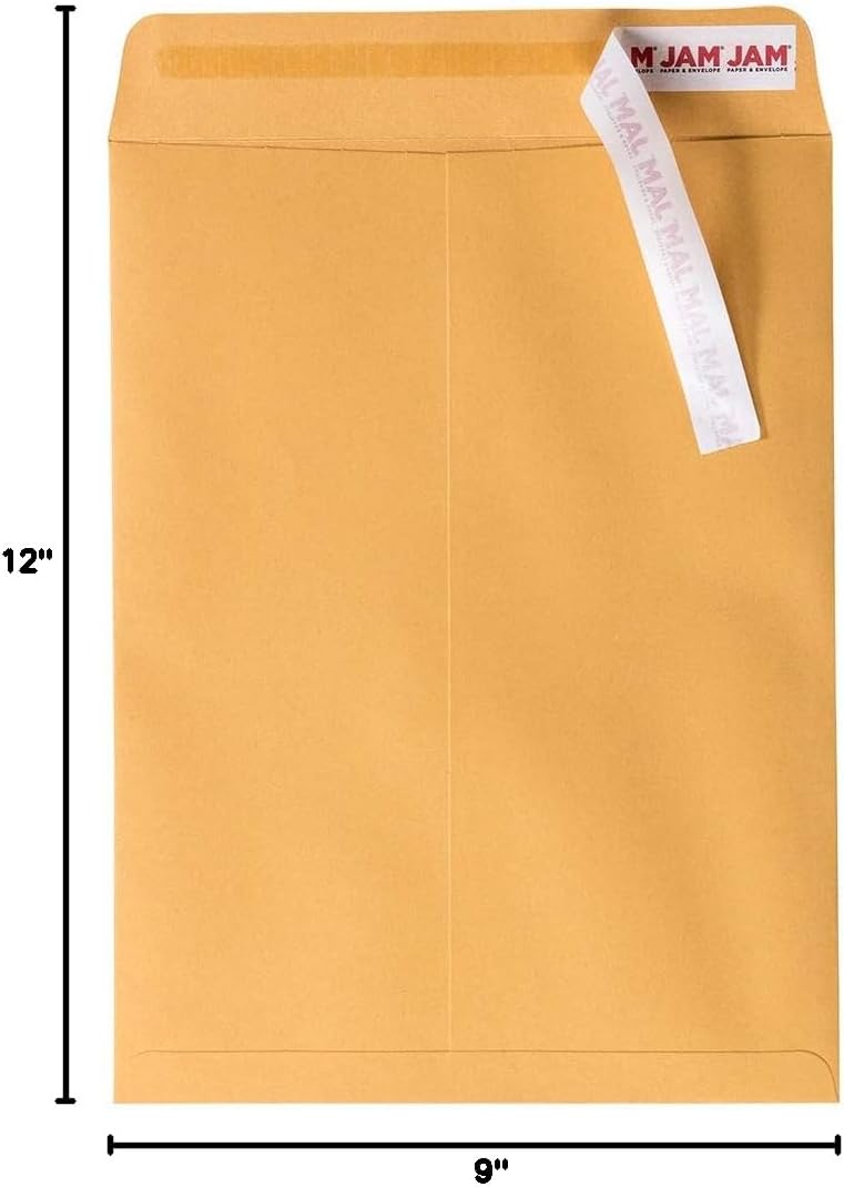 JAM PAPER 9 x 12 Open End Catalog Premium Envelopes with Peel and Seal Closure - Brown Kraft Manila - Bulk 500/Carton