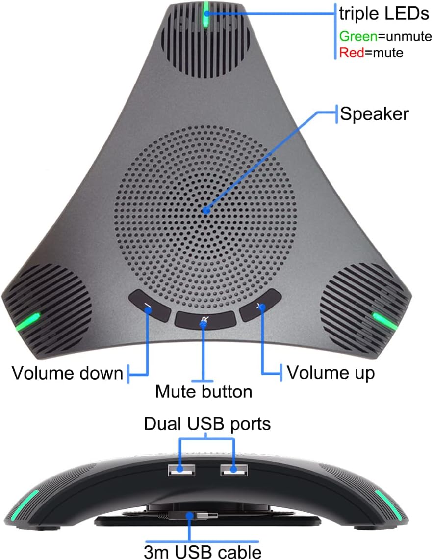Conference Speaker and Microphone, 360° Omnidirectional USB Speakerphone Microphone with USB Hub, Noise Reduction/Echo Cancellation Computer Microphone for 8-10 People Business Conference, Home Office