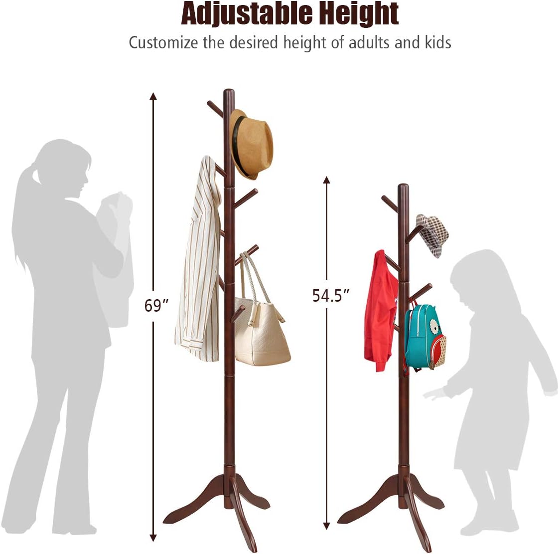 Tangkula Wooden Tree Coat Rack Freestanding, Entryway Coat Stand with 8 Hooks, Height Adjustable Coat Tree, Rubber Wood Coat Hanger Stand for Home Office Hall Entryway