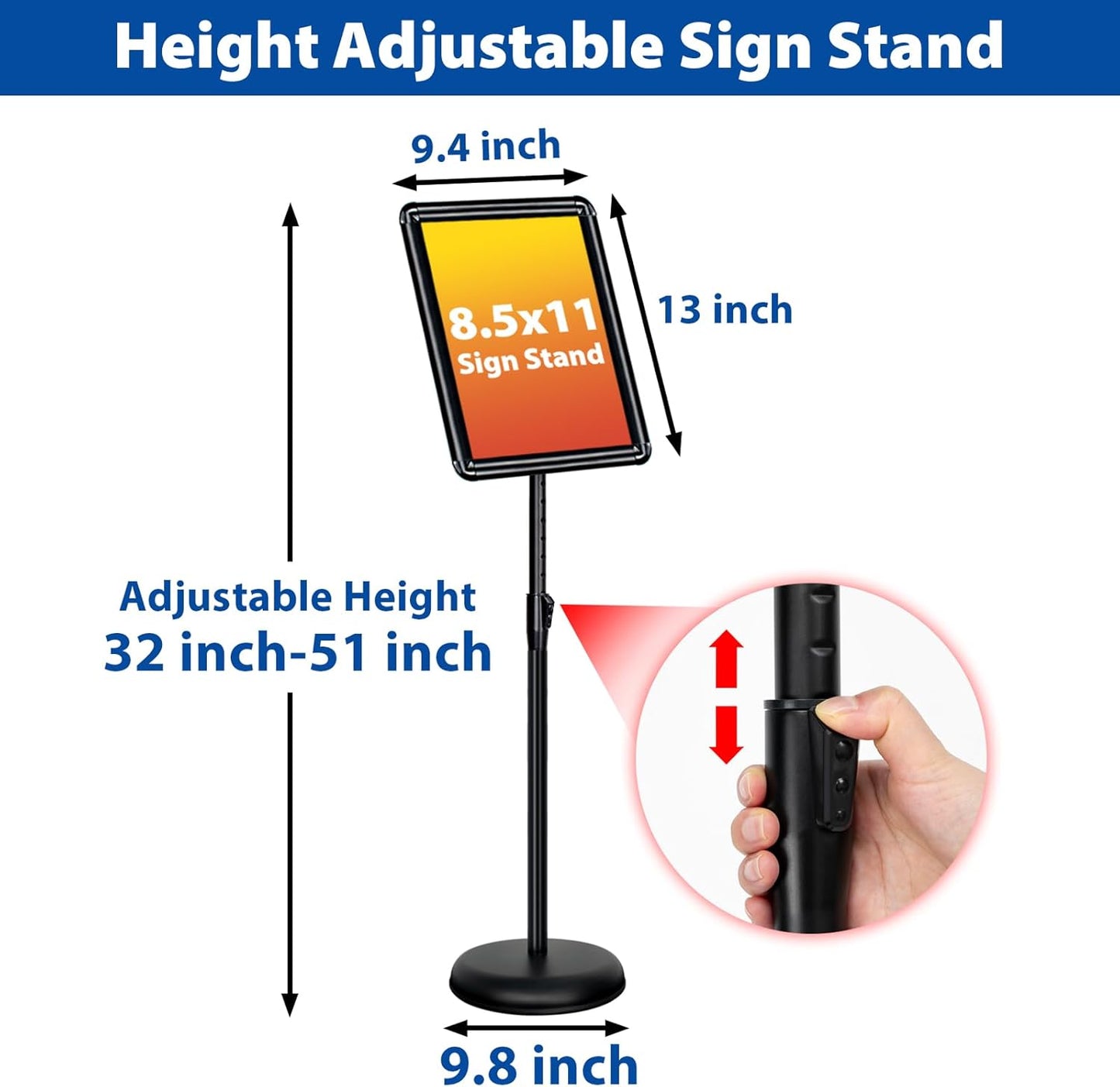 8.5x11 Inch Adjustable Pedestal Poster Sign Stand, Heavy Duty Floor Standing Sign Holder Stand Aluminum Snap Open Frame for Vertical and Horizontal View Sign Displayed (Black, Round)