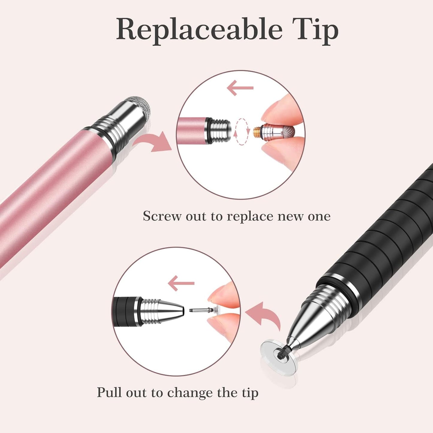 MEKO Stylus Pens for Touch Screens, 2 in 1 Universal Disc Stylus Pens for iPhone, iPad and All Capacitive Cell Phones, Tablets, Laptops Bundle with 6 Replacement Tips - (2 Pcs, White/Rose Gold)