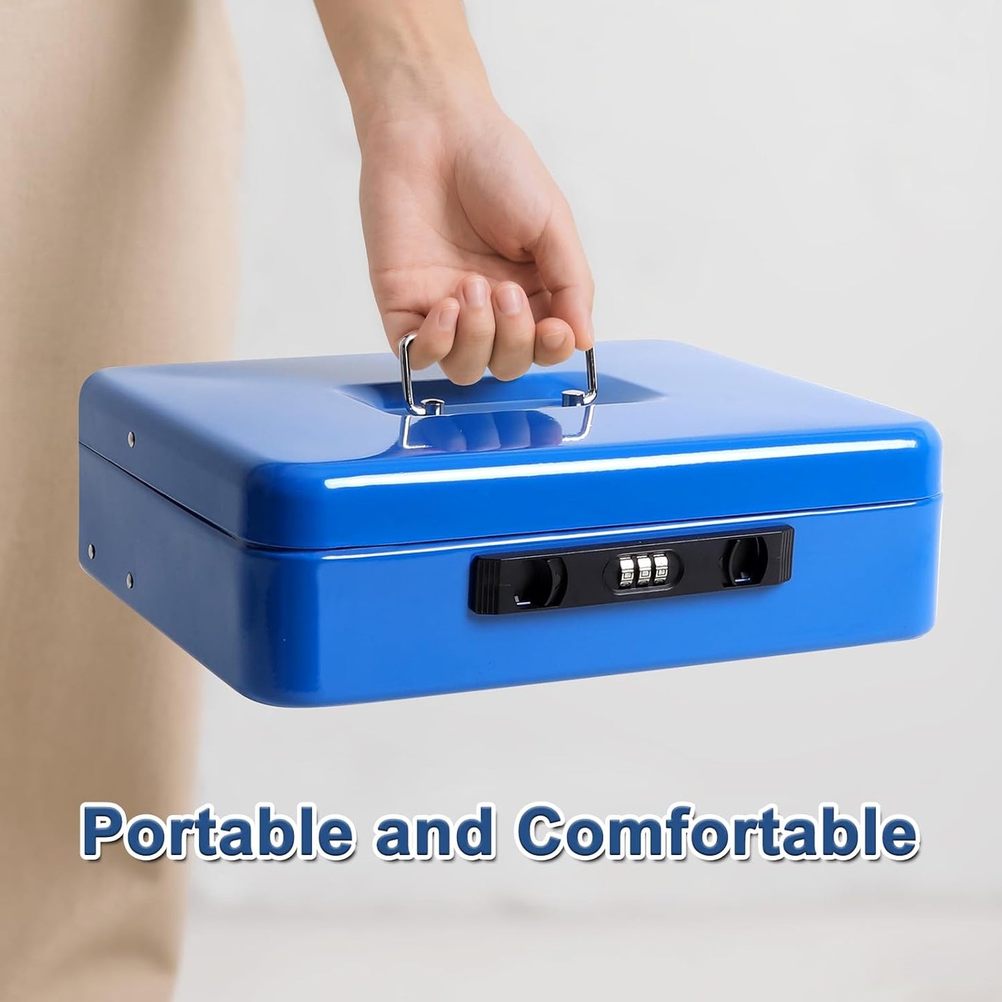 Jssmst Locking Cash Box with Coin Lid, 11.8L x 9.5W x 3.5H Inches, Latch Safe Money Box with Combination Lock, Blue