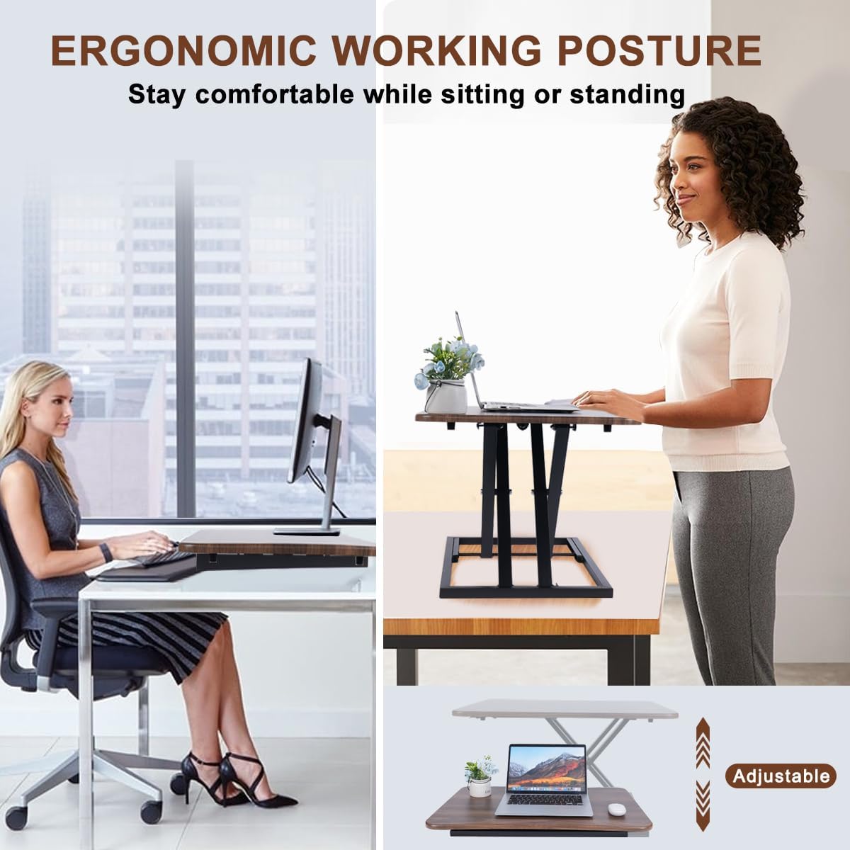 Adjustable Standing Desk Converter, 28.7“ Wide Tabletop Stand Up Desk Riser with Gas Spring, Desktop Stand Up Desk Fits Monitor or Laptop Riser Workstation, Fully Assembled Dark Walnut
