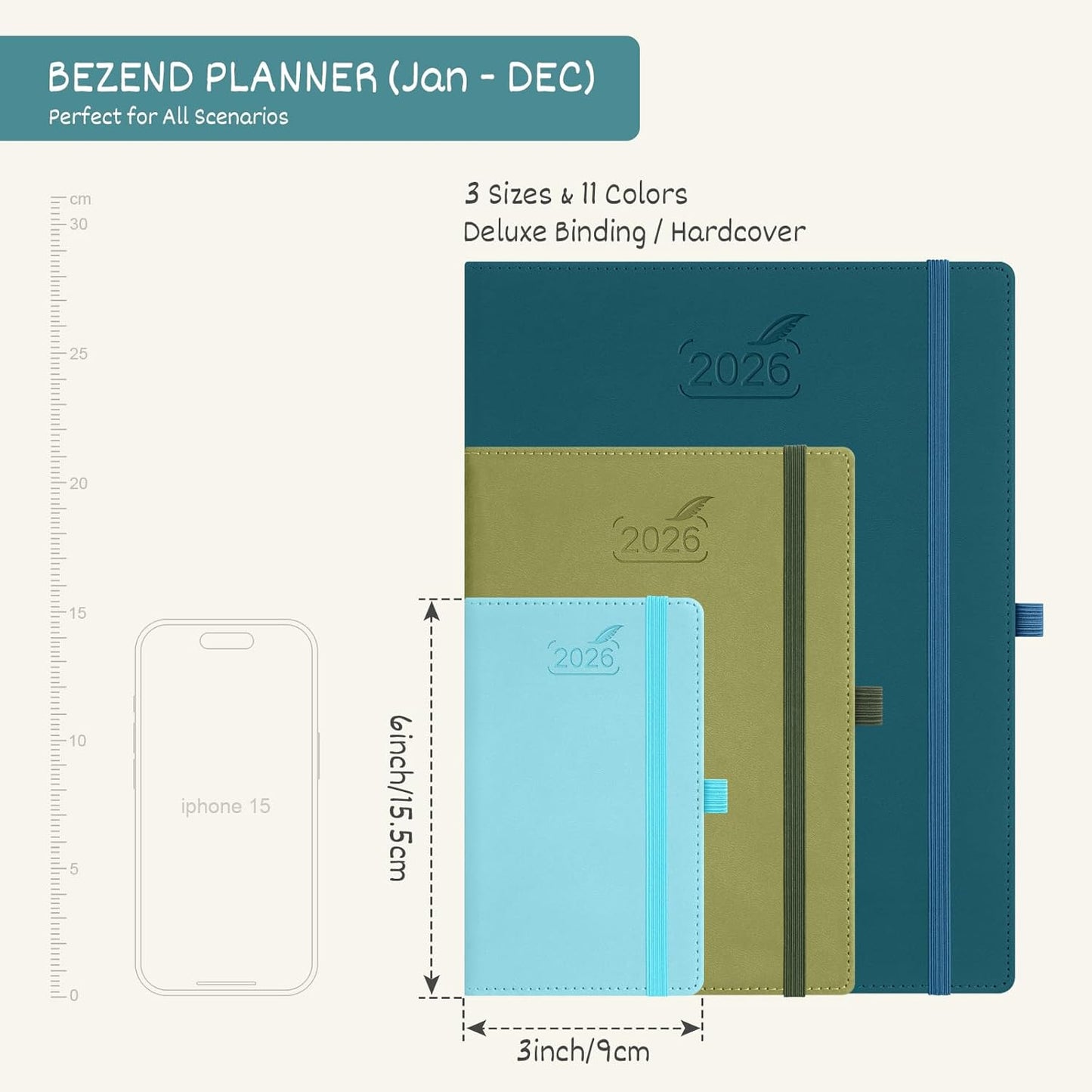 BEZEND Pocket Calendar 2026 Weekly and Monthly (3.5" x 6") Small Daily Planner for Purse (Jan-Dec) with Notes & Expenses, Inner Pocket, Pen Holder, Vegan Leather Hardcover - Black
