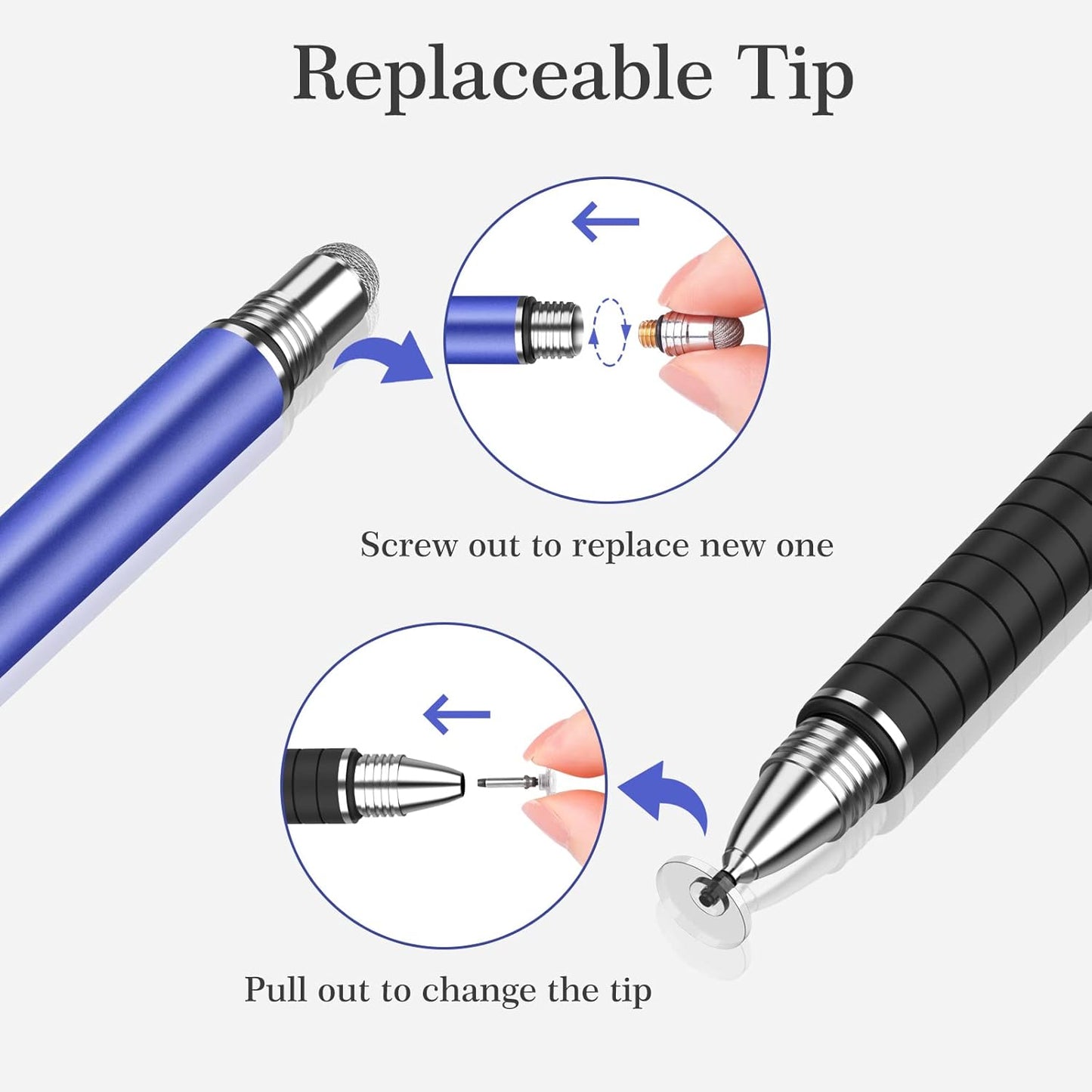 MEKO Stylus Pens for Touch Screens, 2 in 1 Universal Disc Stylus Pens for iPhone, iPad and All Capacitive Cell Phones, Tablets, Laptops Bundle with 6 Replacement Tips - (2 Pcs, Blue/Silver)