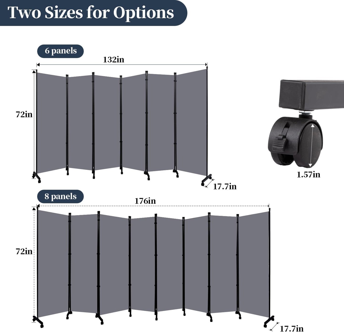 Room Divider Folding Privacy Screens with Lockable Wheels, 176'' Fabric Partition Room Dividers Freestanding Room Divider Panel for Room Separation, Wall Divider for Home Office Bedroom Studio Decor