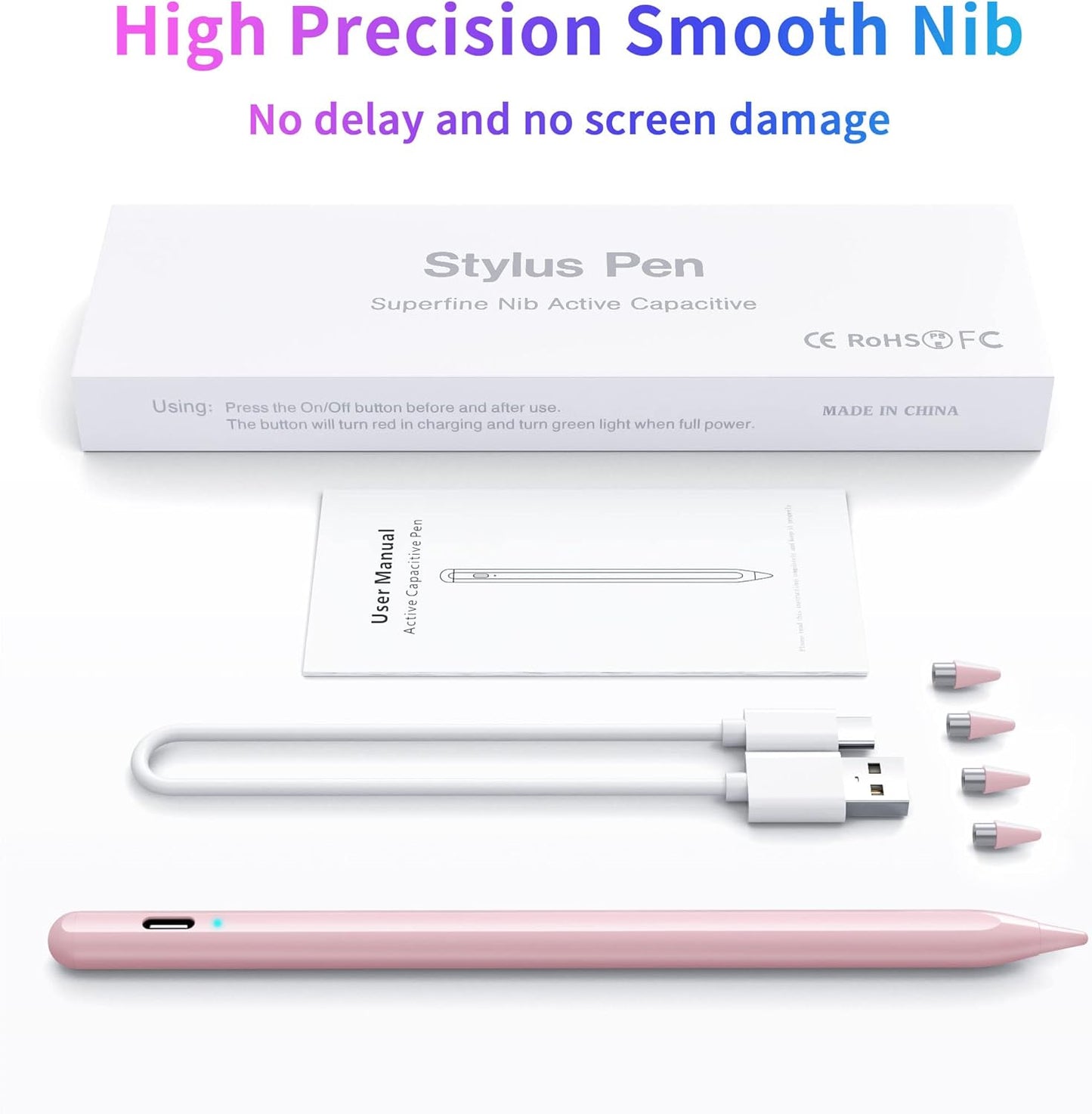 DRYMOKINI Stylus Pen, Active Stylus Pen Touch Screens Compatible for Android and iOS Tablet/Phones, Rechargeable Universal Stylus Pencil Compatible for A-pple/i-Pad/Phone Tablet, Pink