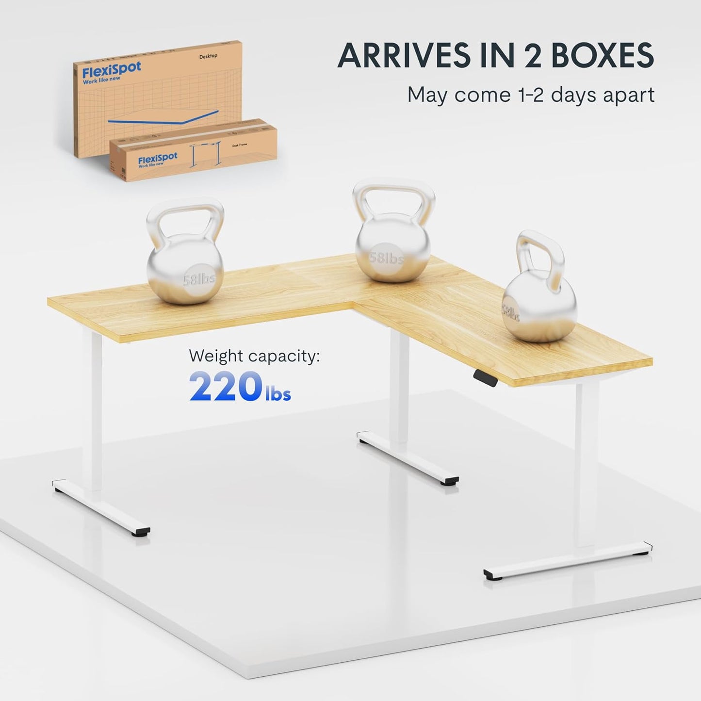 FLEXISPOT L Shaped Standing Desk, 63 x 47 Inch Electric Height Adjustable Corner Desk, Sit Stand Computer Workstation, Preset Controller, Home Office, White Frame with Maple Top, White Drawer