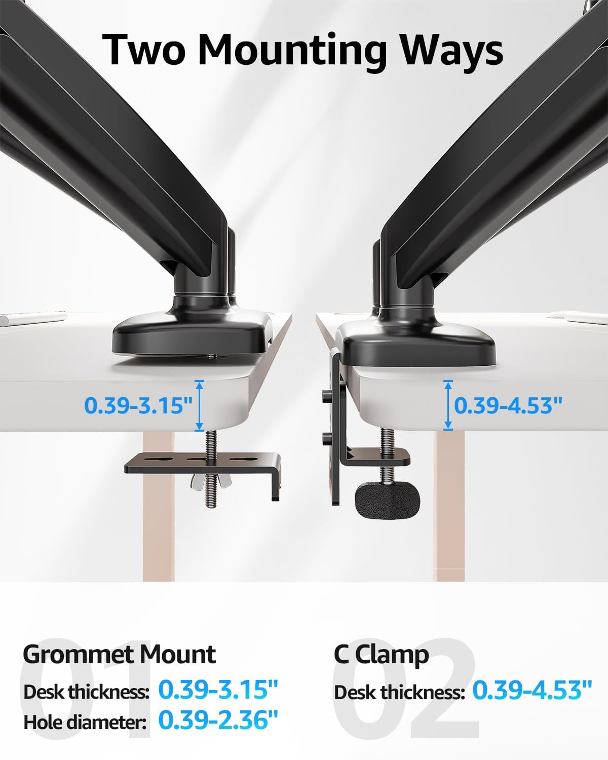MOUNTUP Dual Monitor Stand for Desk, Pneumatic Monitor Arms for 2 Monitors 32 27 24 22 Inches, Height Adjustable Double Monitor Mount, VESA Mounts with C-Clamp & Grommet Base, Holds 4.4-17.6lbs, Black
