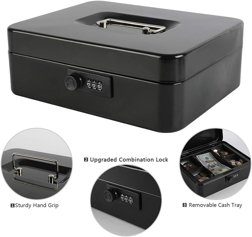 xydled Steel Cash Box Safe with Combination Lock,Money Safe Box with Removable Coin Tray,Large,9.84"x 7.87"x 3.54",Black