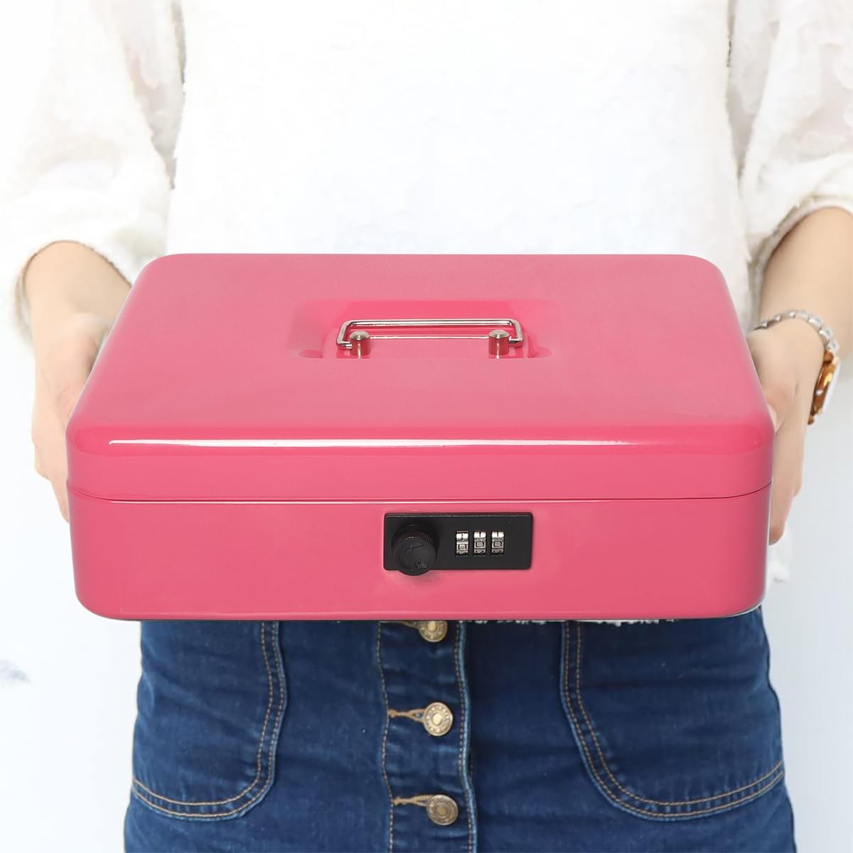 Jssmst Locking Metal Cash Box with Coin Lid, 11.8L x 9.5W x 3.5H Inches, Safe Money Box with Combination Lock, Pink, SM-CB0516P
