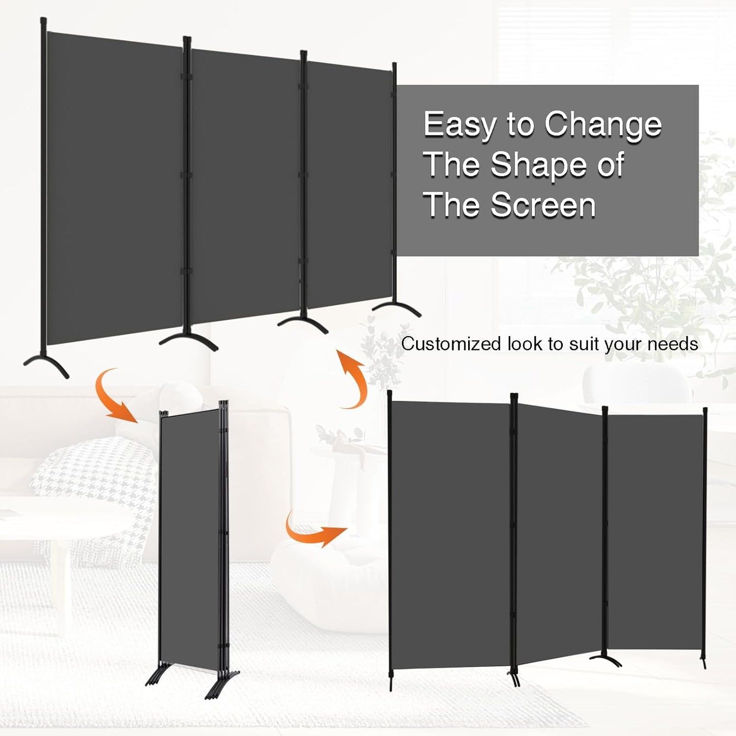 Room Divider 3-Panel Privacy Screen, Portable Screen Steel Frame with Hook&Loop for Home, Office, Classroom, Studio, Meeting (Grey