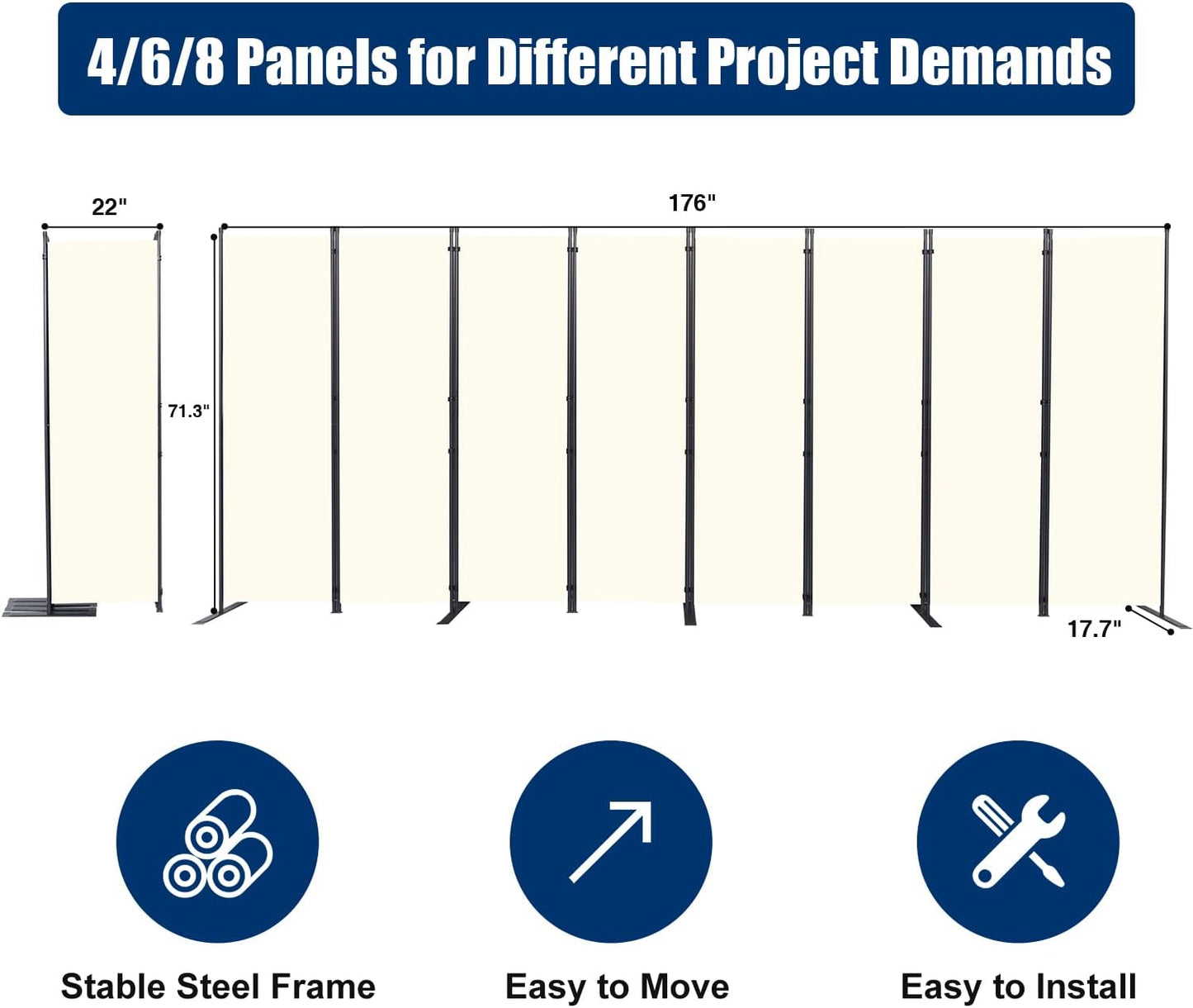 Room Divider 6FT Portable Room Dividers and Folding Privacy Screens, 176'' W Fabric Divider for Room Separation, 8 Panel Partition Room Dividers Freestanding Wall Divider Screen for Dorm Studio Office