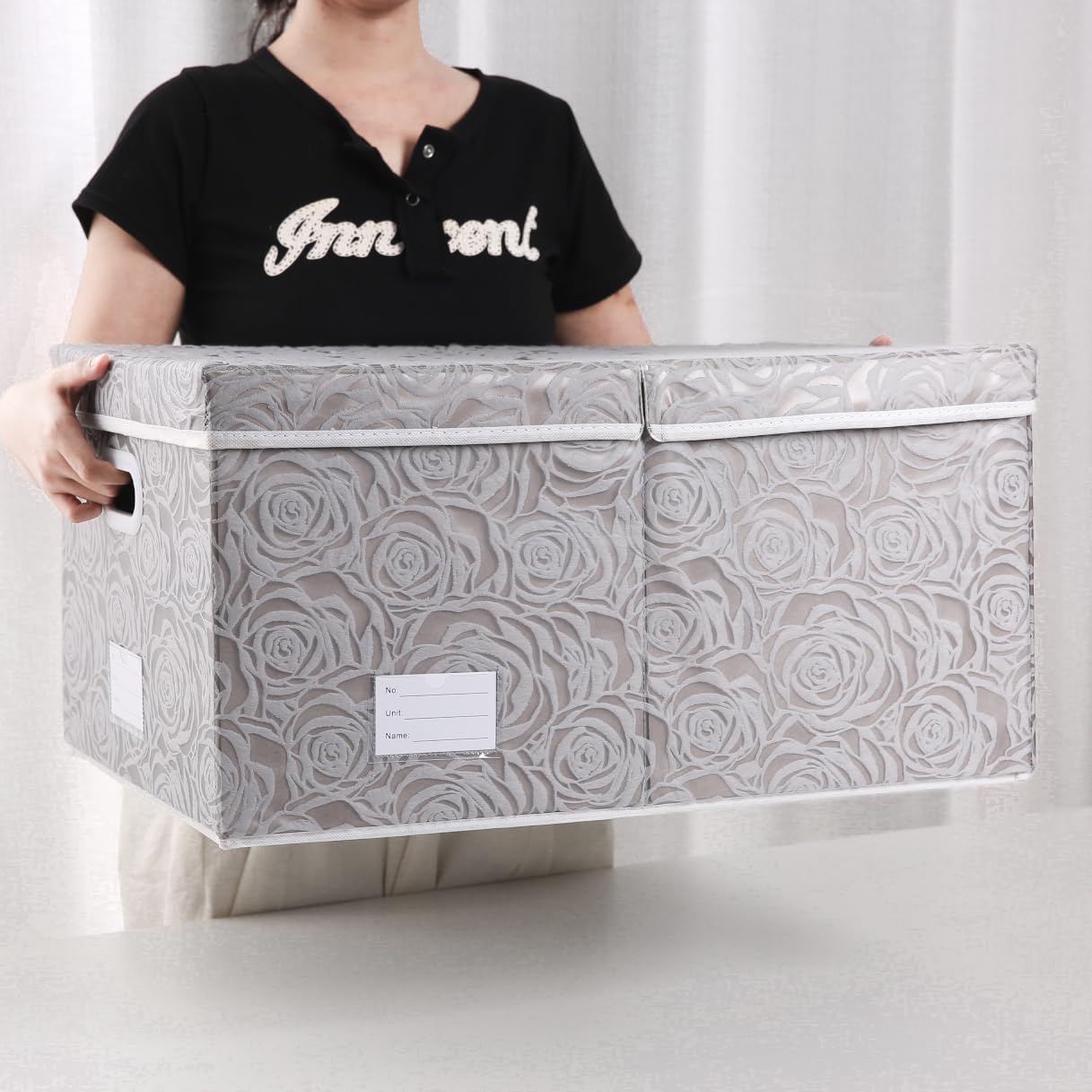 PRANDOM Jumbo Collapsible Storage Boxes with Lids Fabric Decorative Storage Bins Cubes Organizer Baskets with Cover Handles Divider for Bedroom Closet Living Room 23.2x15.7x11.6 Inch 3 Pack