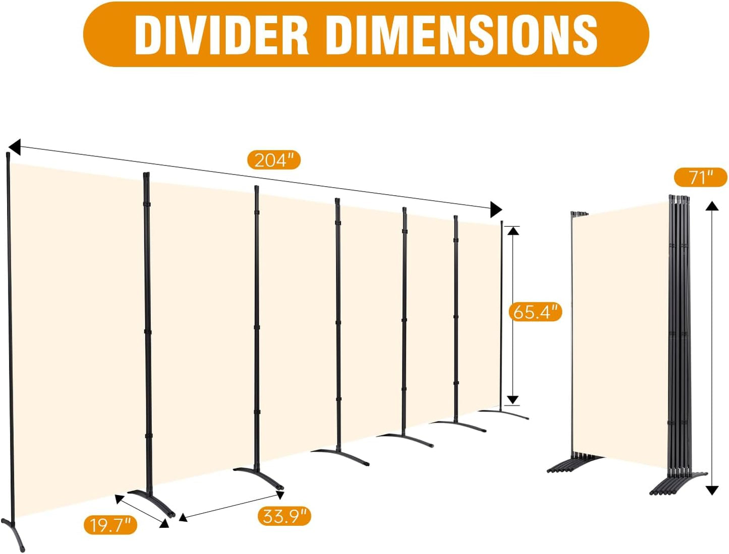 6 Panel Folding Privacy Screens, 6 FT Tall Wall Divider with Metal Frame, Freestanding Room Divider for Office Bedroom Study (6 Panel, Beige)