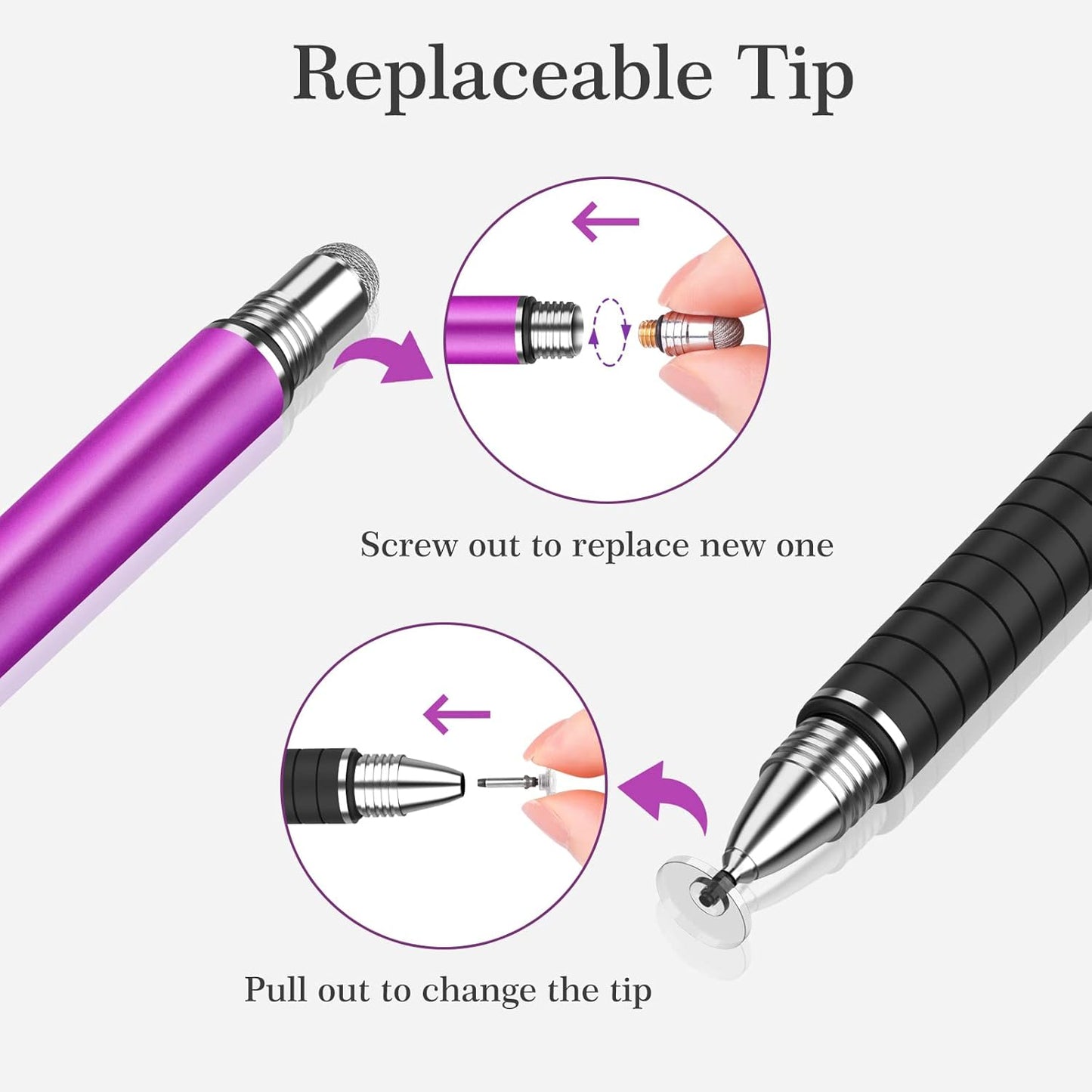 MEKO Stylus Pens for Touch Screens, 2 in 1 Universal Disc Stylus Pens for iPhone, iPad and All Capacitive Cell Phones, Tablets, Laptops Bundle with 6 Replacement Tips - (2 Pcs, Pink/Purple)