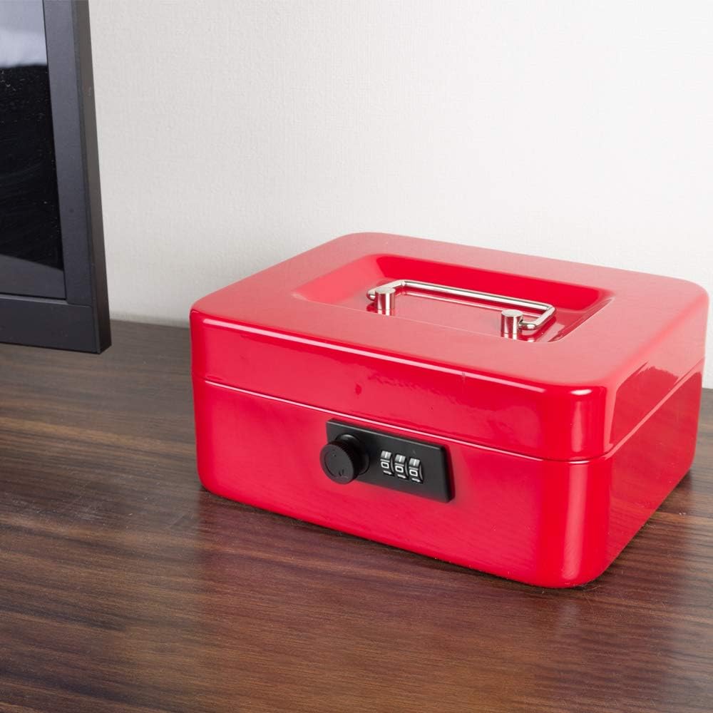 KYODOLED Medium Cash Box with Combination Lock Safe Metal Money Box with Money Tray for Security Lock Box 7.87"x 6.30"x 3.54" Red Medium