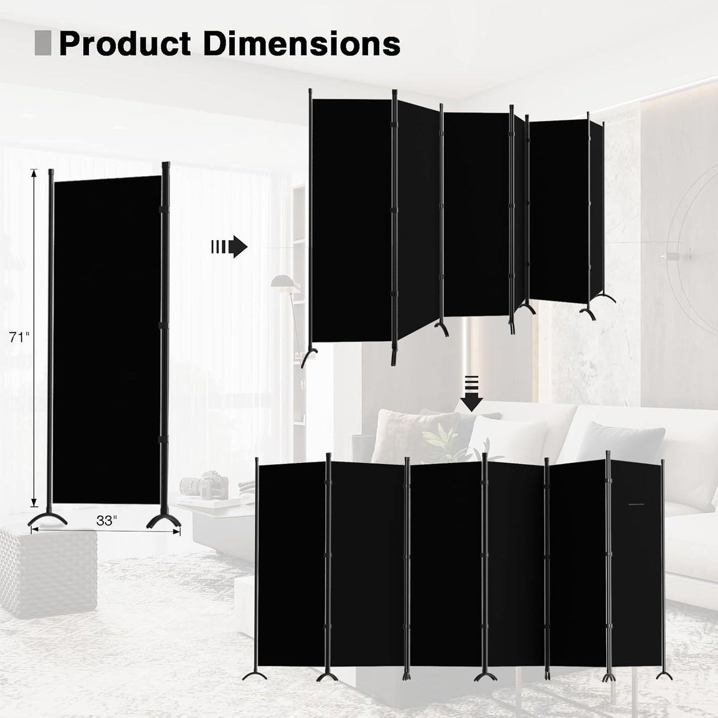 6 Panel Room Divider, 6FT Portable Room Dividers Folding Privacy Screens, 198" W Freestanding Fabric Divider for Room Separation, Partition Room Divider Panel for Dorm Home Studio Office, Black