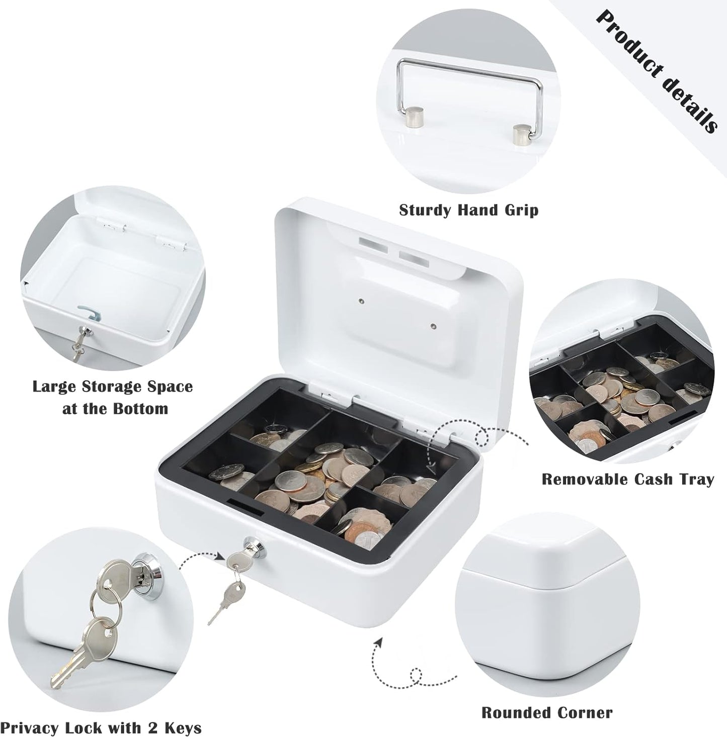 xydled Locking Steel Medium Cash Box with Removable Coin Tray and Key Lock,7.87"x 6.30"x 3.54",White