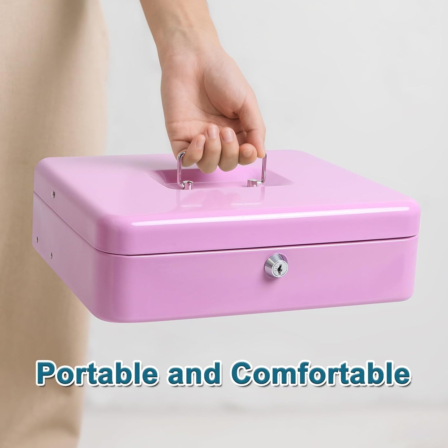 Jssmst Locking Metal Cash Box with Coin Lid, 11.8L x 9.5W x 3.5H Inches, Safe Money Box with Key Lock, Light Purple, SM-CB0517LP