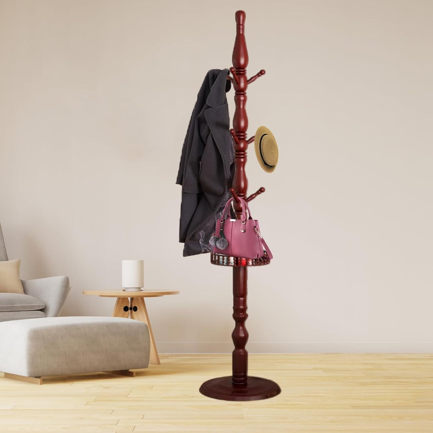 Coat Rack, Birch Wooden Hall Tree Coat Rack Free Standing with 9 Hooks, Wooden Round Base,Coat Tree for Home/Office/Entryway/Hallway (Dark Red )