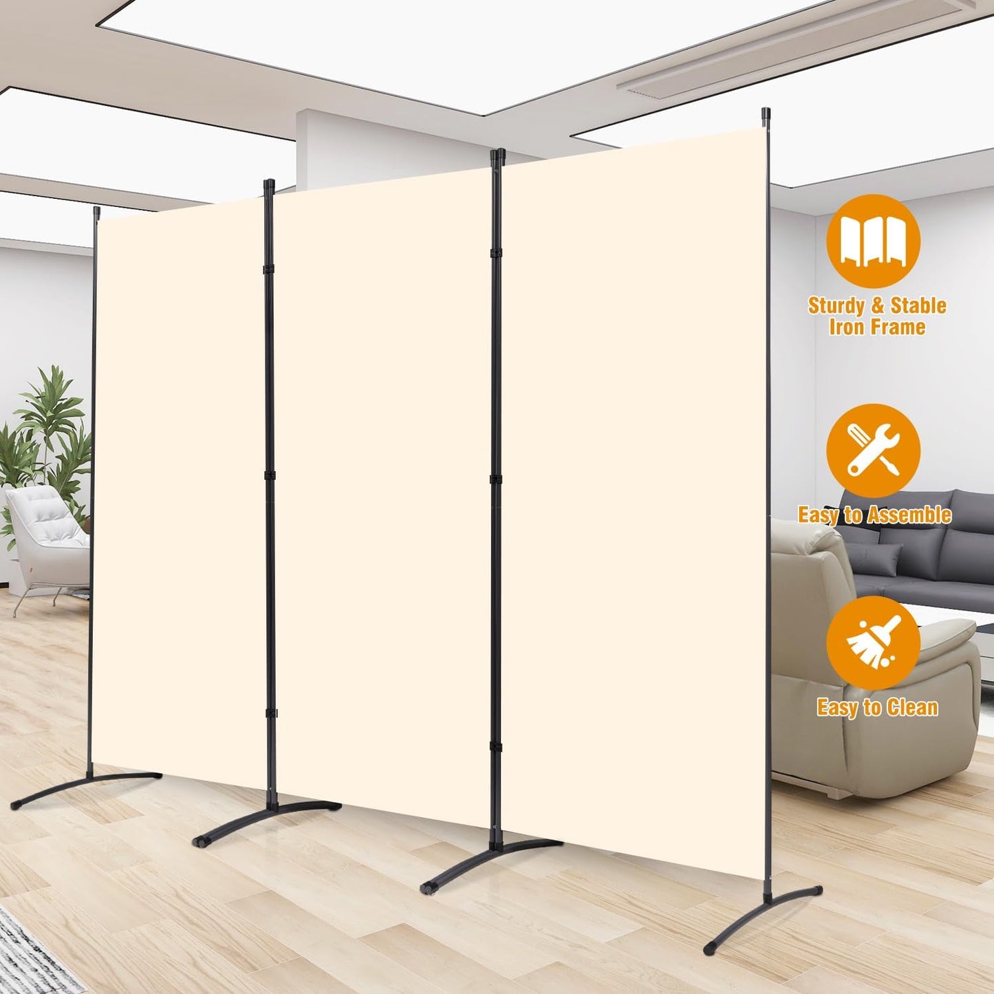 3 Panel Folding Privacy Screens, 6 FT Tall Wall Divider with Metal Frame, Freestanding Room Divider for Office Bedroom Study (3 Panel, Beige)