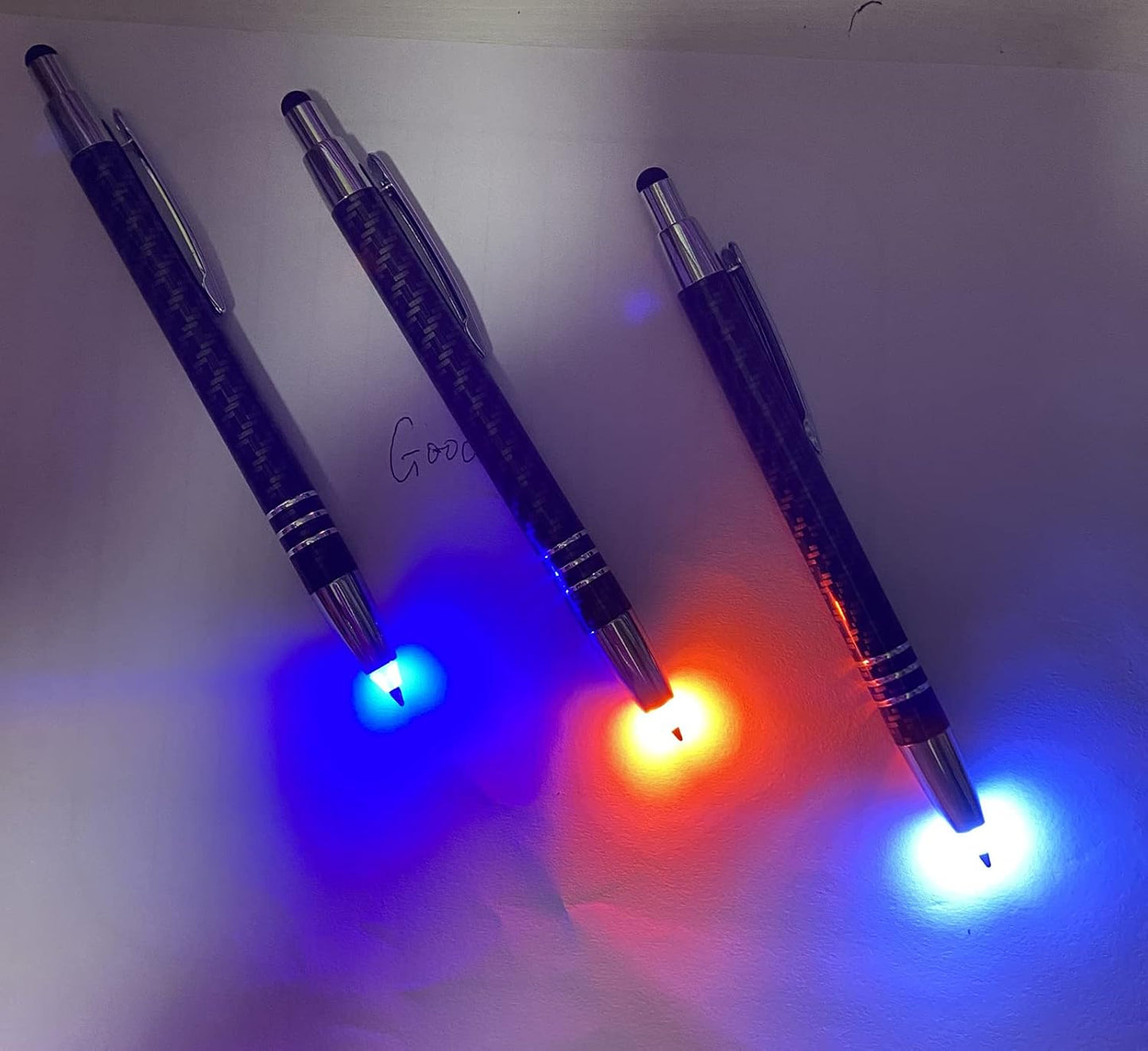 Glovion Lighted Tip Pen with Stylus 3-in-1 - LED Penlight Light Up Pen Light Ballpoint Pen with Light for Writing in The Dark - Pack of 3 - Red/Blue/White Light - GL006