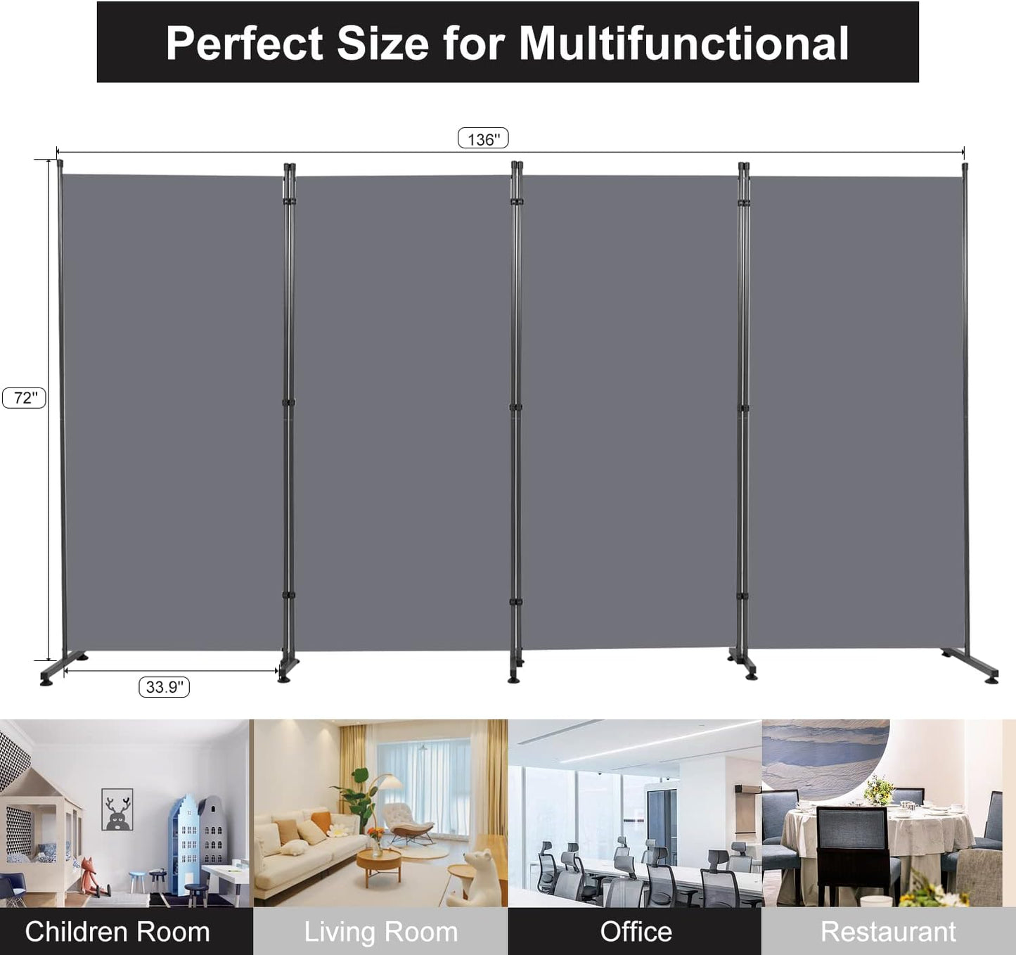 Room Divider 6FT Folding Privacy Screens, Partition Room Dividers w/Freestanding Design, Portable Wall Divider for Room Separtation, Fabric Screen Panel for Home Office Dorm (Grey, 4 Panel-Round Pad)
