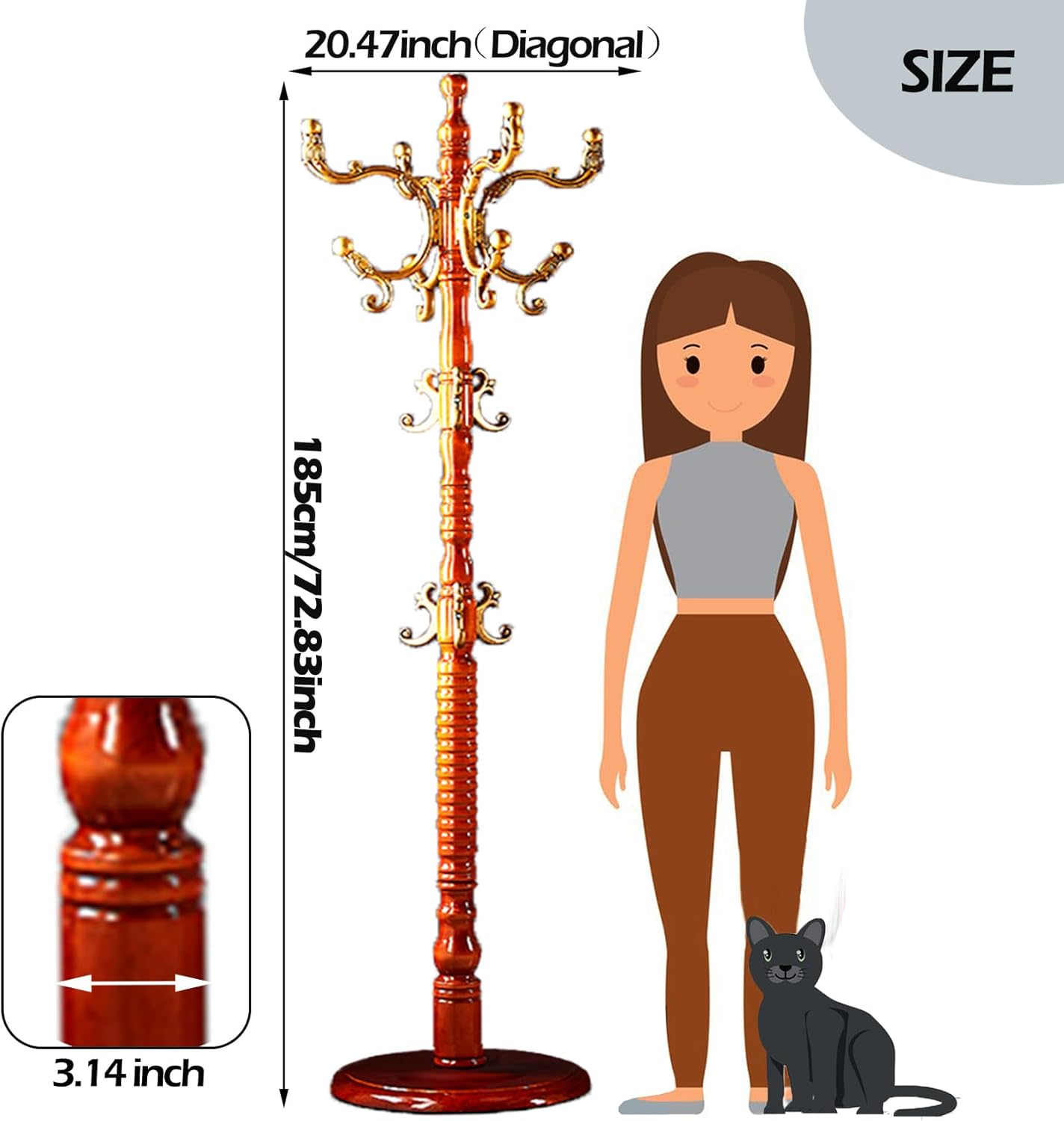 Coat Racks Free Standing with 14 Hooks, Natural Wood Coat Stands for Entryway, Adjustable Height 73 in Tree Coat Rack Stand for Hallway Home Office Bedroom (Begonia)