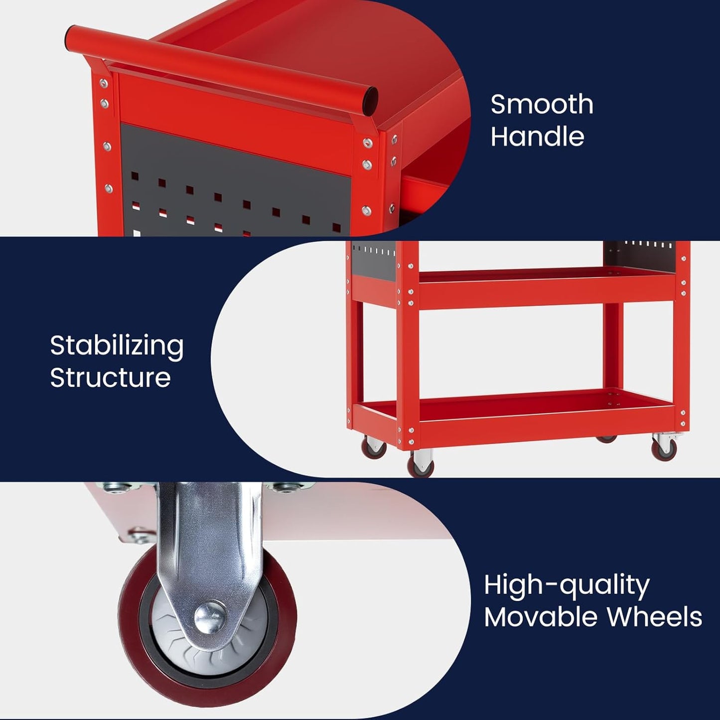 ALANNG 330 LBS Rolling Tool Cart with 1 Drawer & 3 Shelves | Heavy Duty Mechanic Cart Includes 7 Hooks, 2 Pegboards & Screw Organizer | Metal Service Cart for Garage Workshop (Red)