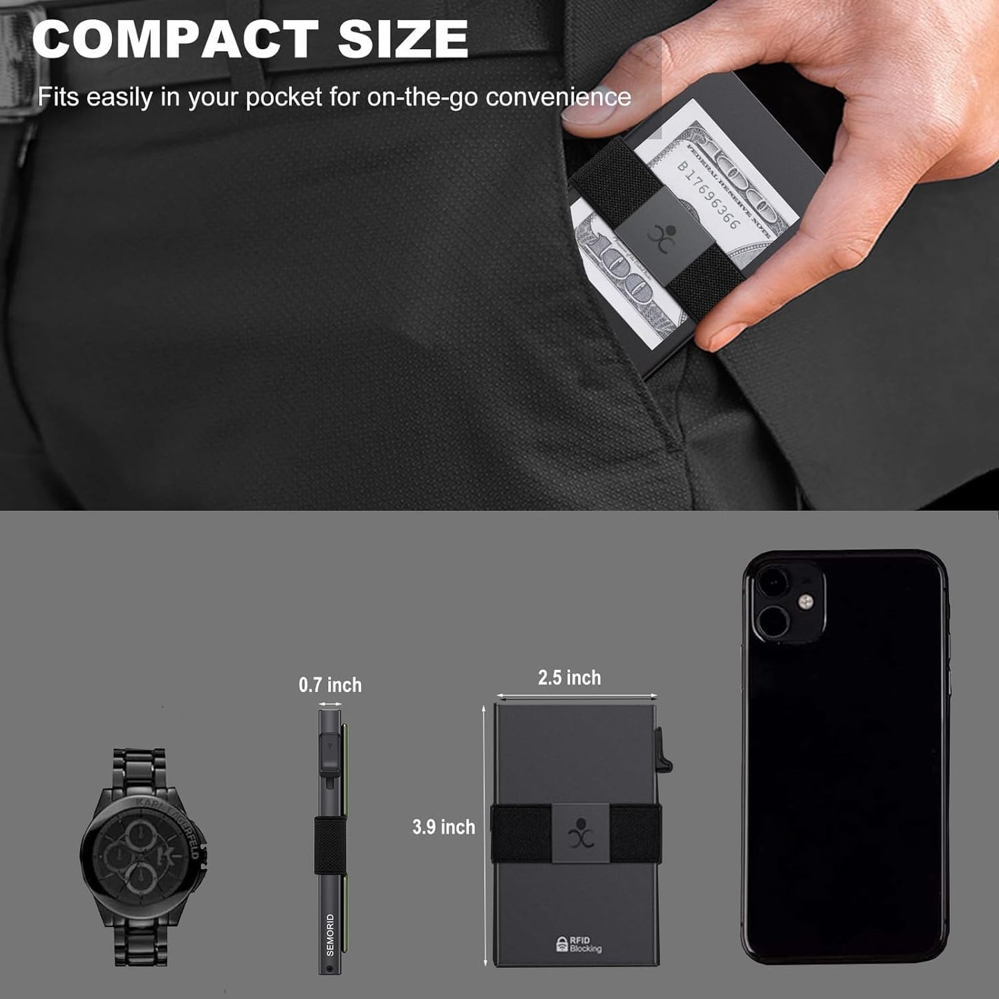 Slim Wallet for Men, RFID Blocking Mens Wallets, Minimalist Pop Up Men's Credit Card Holder, Sturdy Metal Card Case with Cash Strap - 12+ Cards Capacity