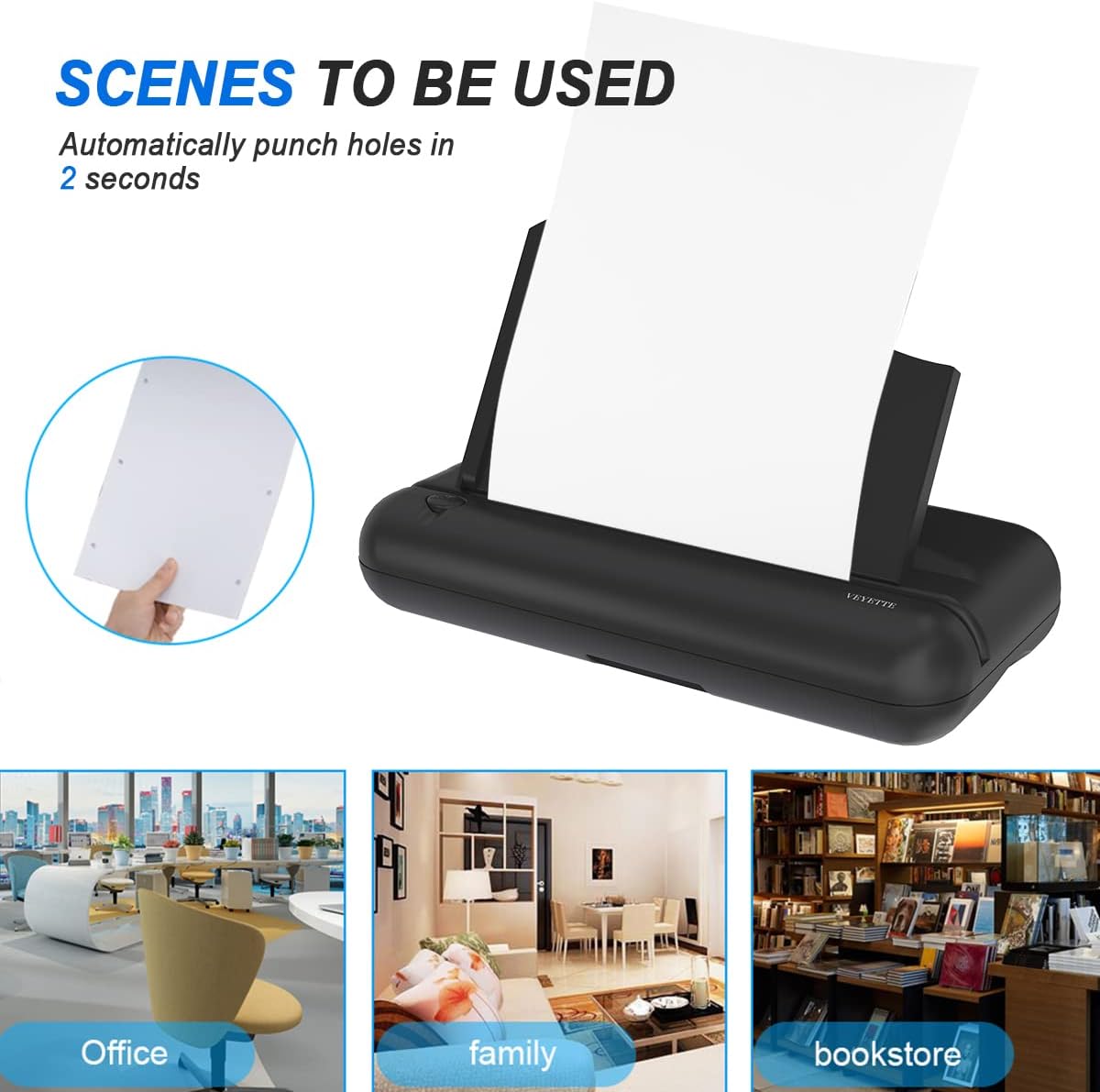 Electric 3 Hole Paper Punch, VEYETTE Heavy Duty Commercial Hole Puncher with Adapter for Office School Studio, 30 Sheet Capacity,Color Black