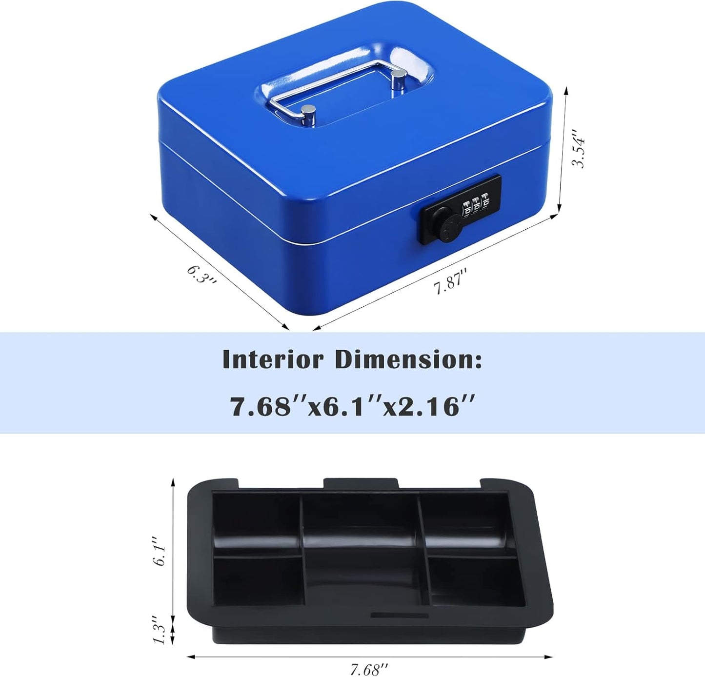 xydled Steel Cash Box Safe with Combination Lock,Money Safe Box with Removable Coin Tray,Medium,7.87"x 6.30"x 3.54",Blue