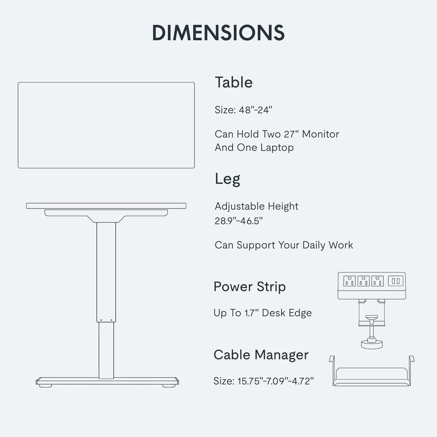 FLEXISPOT EN2 Whole-Piece Standing Desk with Clamp Power Strip, 48x24 Electric Stand Up Height Adjustable Desk with Cable Management (White Frame + 48" White Top)