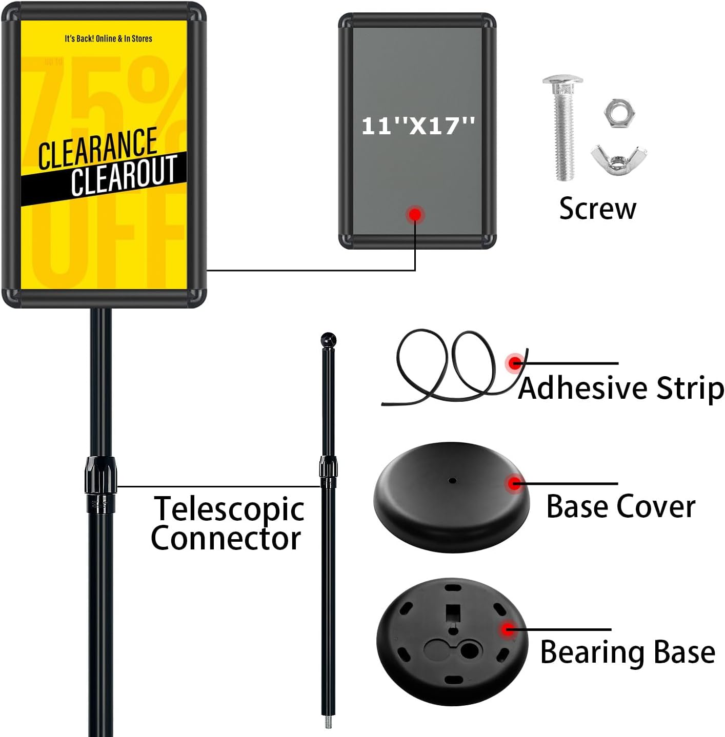 Sign Stand - Standing Sign Holder for 11x17 Inch, Pedestal Poster Sign Stand, Vertical and Horizontal View Sign Displayed, Round Corner Sign Holder for Church School Parties Business, Black (6 Pack)