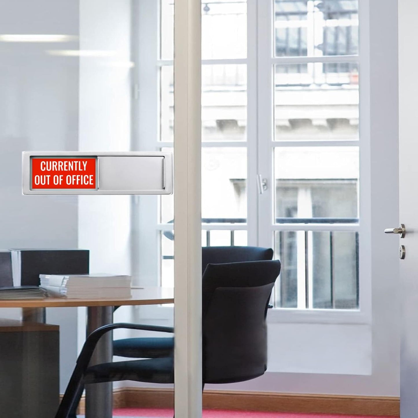 Currently In/Out of Office Magnetic Door Sign - 7"x2" Employee Status Slider, Non-Scratch Privacy Indicator for Office Cubicles, Home Offices, Conference Rooms - Silver
