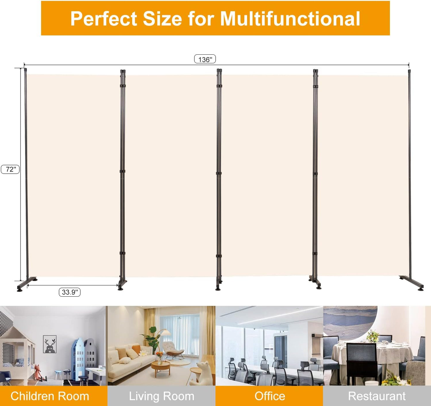 Room Divider 6FT Folding Privacy Screens, Partition Room Dividers w/Freestanding Design, Portable Wall Divider for Room Separtation, Fabric Screen Panel for Home Office Dorm (Beige, 4 Panel-Round Pad)