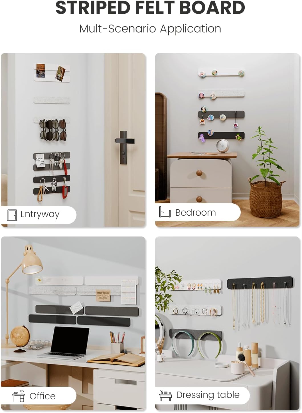 Cork Board Alternative Felt Strip Board 8-Pack 13"x2", Office Pin Board with 50 Push Pins, Adhesive Install for Bedroom Door & Home Office(Concrete Echo)