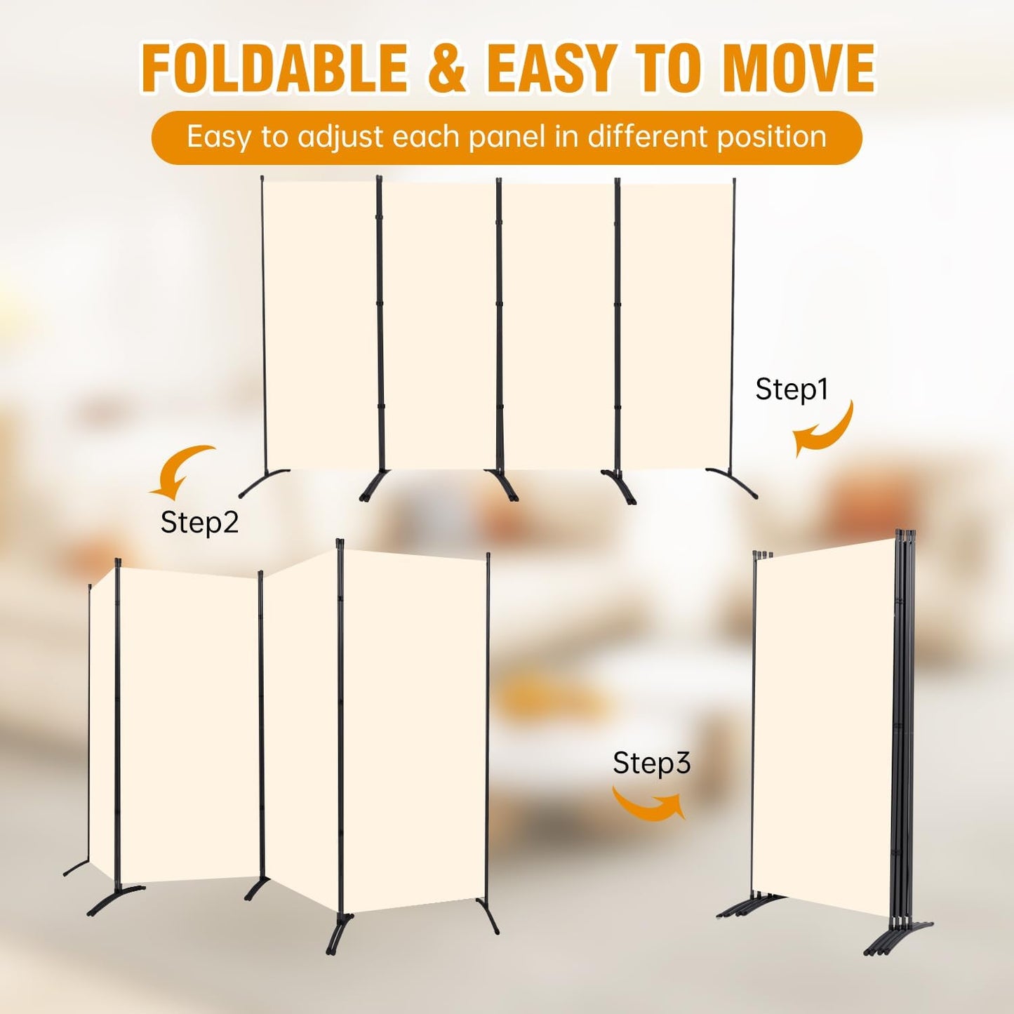 4 Panel Folding Privacy Screens, 6 FT Tall Wall Divider with Metal Frame, Freestanding Room Divider for Office Bedroom Study (4 Panel, Beige)