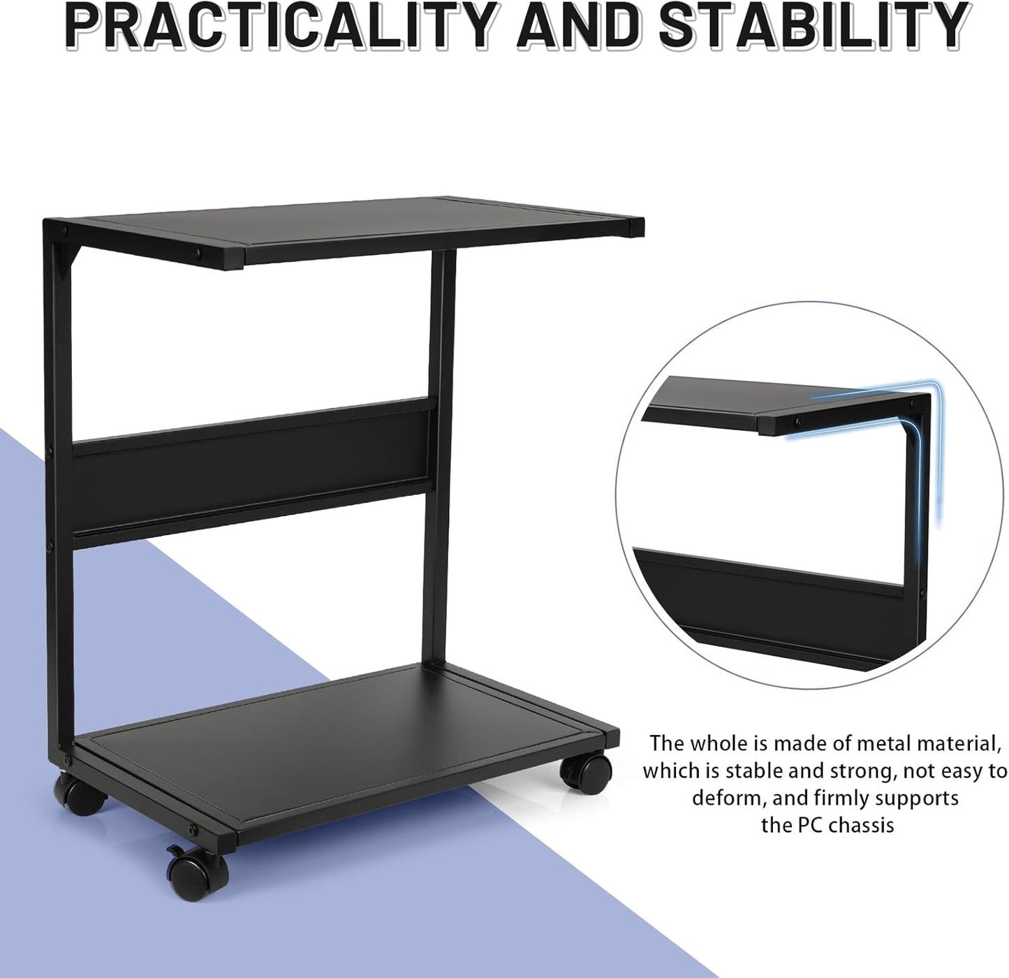 PC Stand Computer Tower Stand 2-Tier Metal CPU Holder with Locking Caster Wheels Suitable for Most PC (Black, L)