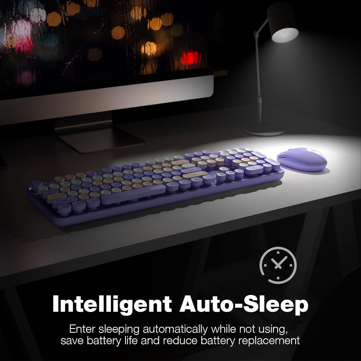 Wireless Keyboard and Mouse Combo, MOWUX Colorful Computer Full Size 2.4G Plug and Play Wireless Typewriter Keyboard and Mouse Set for Windows, Computer, Desktop, PC, Notebook (Purple Colorful)