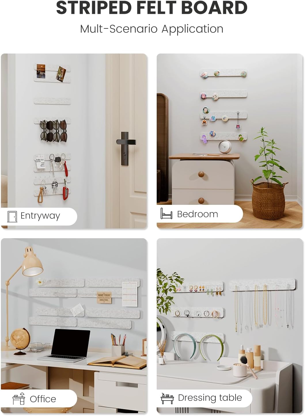 Cork Board Alternative Felt Strip Board 8-Pack 13"x2", Office Pin Board with 50 Push Pins, Adhesive Install for Bedroom Door & Home Office(Marble Gray)