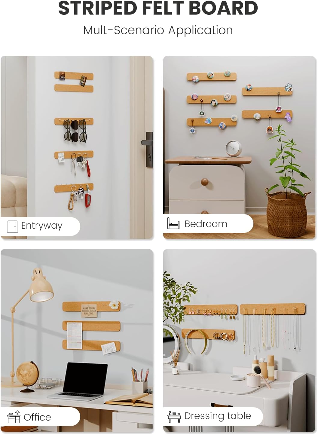 Cork Board Alternative Felt Strip Board 5-Pack 13"x2", Office Pin Board with 35 Push Pins, Adhesive Install for Bedroom Door & Home Office(Gold Bronze)