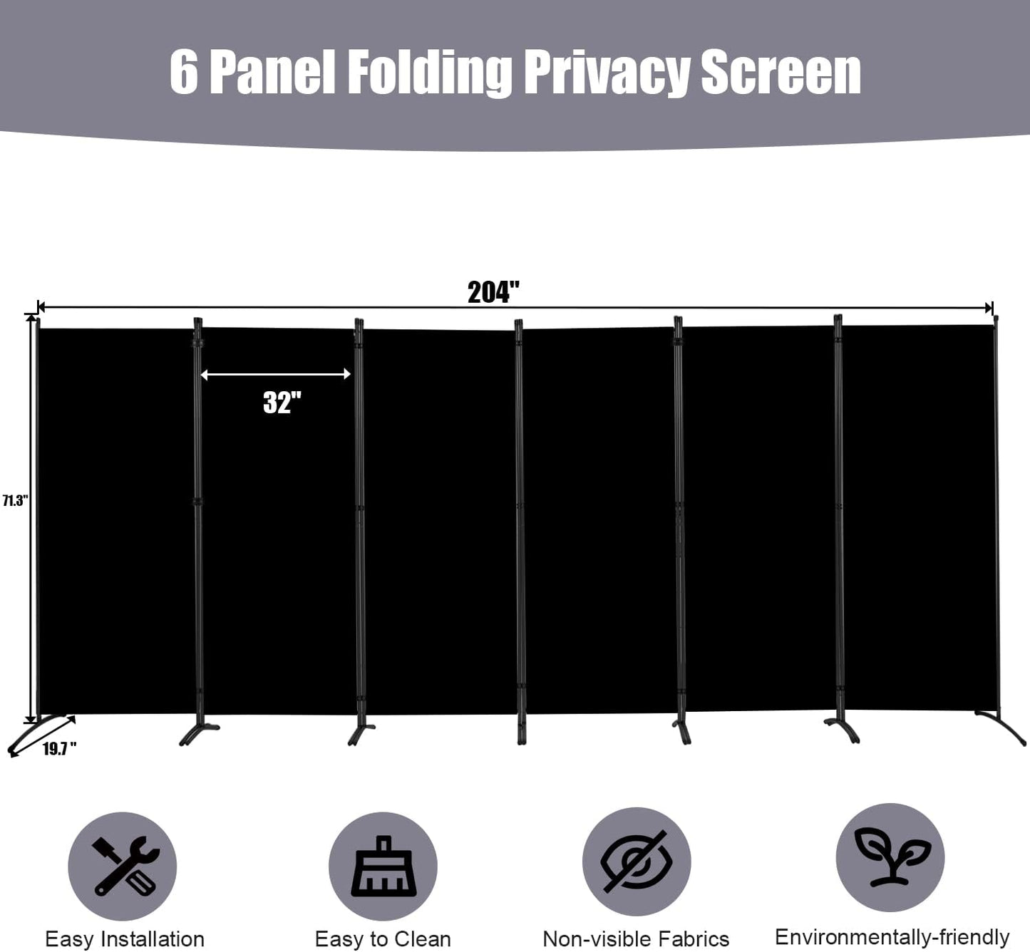 Room Divider 6FT Folding Privacy Screens, Partition Room Dividers w/Freestanding Design, Portable Wall Divider for Room Separtation, Fabric Screen Panel for Home Office Dorm (Black, 6 Panel)