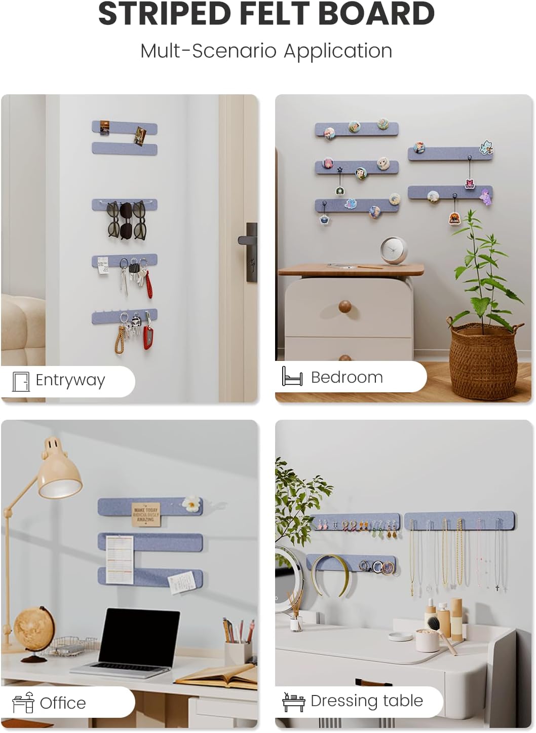 Cork Board Alternative Felt Strip Board 5-Pack 13"x2", Office Pin Board with 35 Push Pins, Adhesive Install for Bedroom Door & Home Office(Soft Periwinkle)