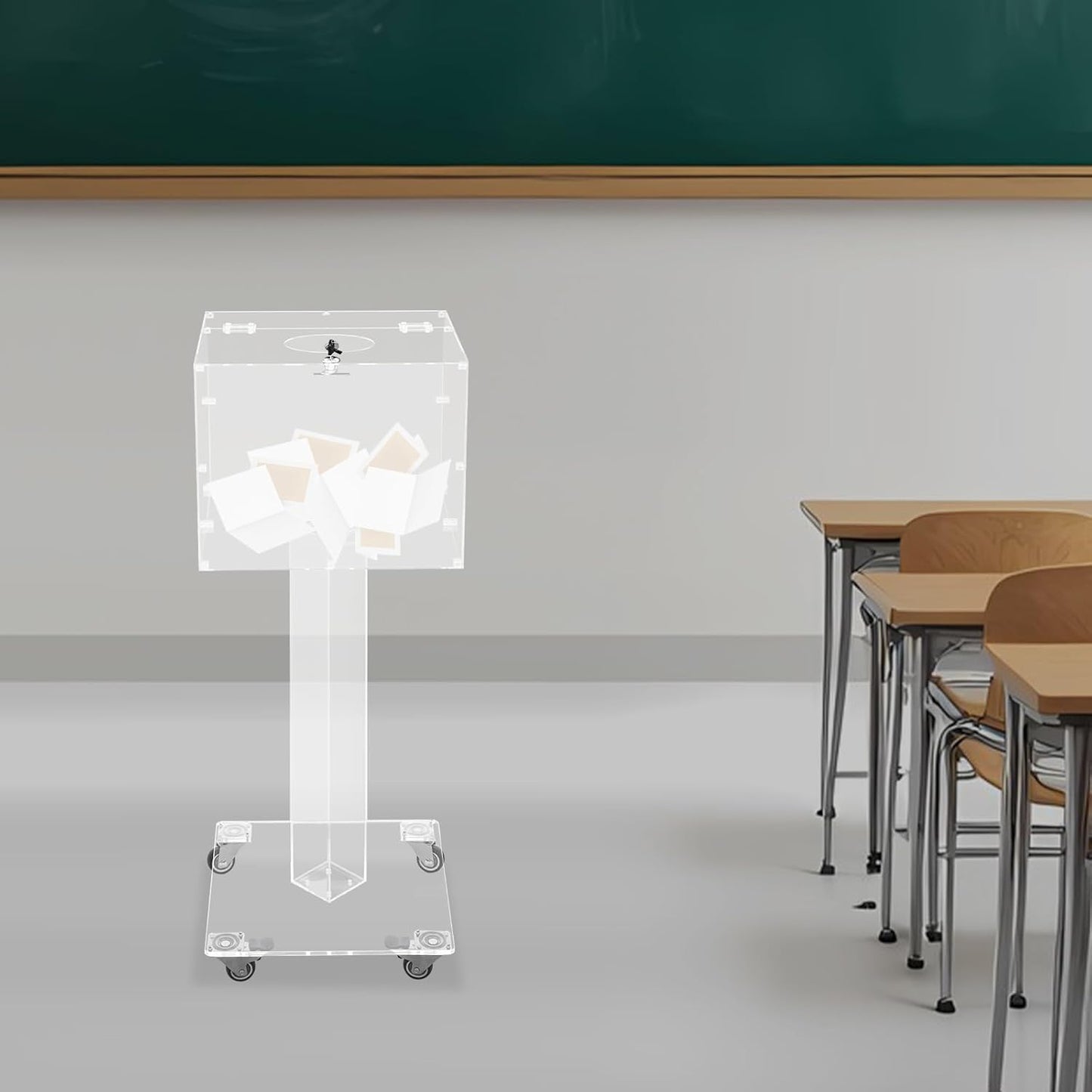 Suggestion Box with Stand, Floor Standing Offering Box with Wheels, Acrylic Locking Ballot Collection Safe Box for Voting Contest Charity Donation Church Election (Transparent (Round Opening))